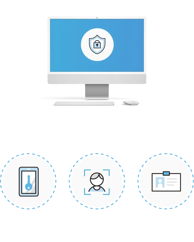 ワンタイムパスワード・顔認証・ICカード認証を利用し、パスワード漏洩を防ぐ高度な本人確認プロセスのイメージ