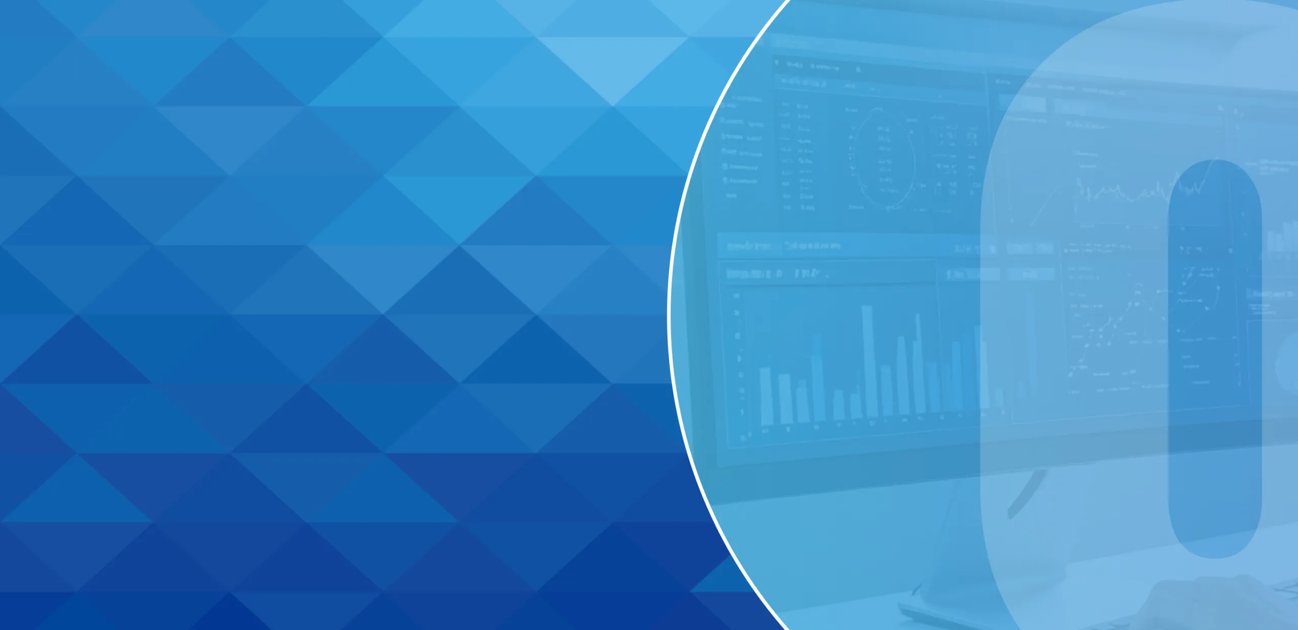 幾何学模様とPC画面を組み合わせた、先進的なテクノロジーを象徴する背景イメージ